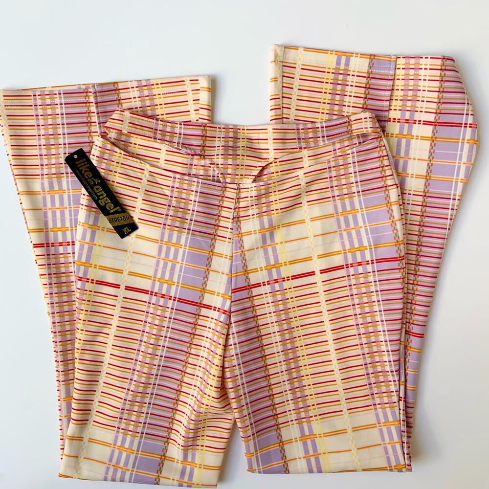 NWT Like an Angel Plaid Cut Out Back Colorful Y2K Style Flared Pants Women's XL - Picture 4 of 10